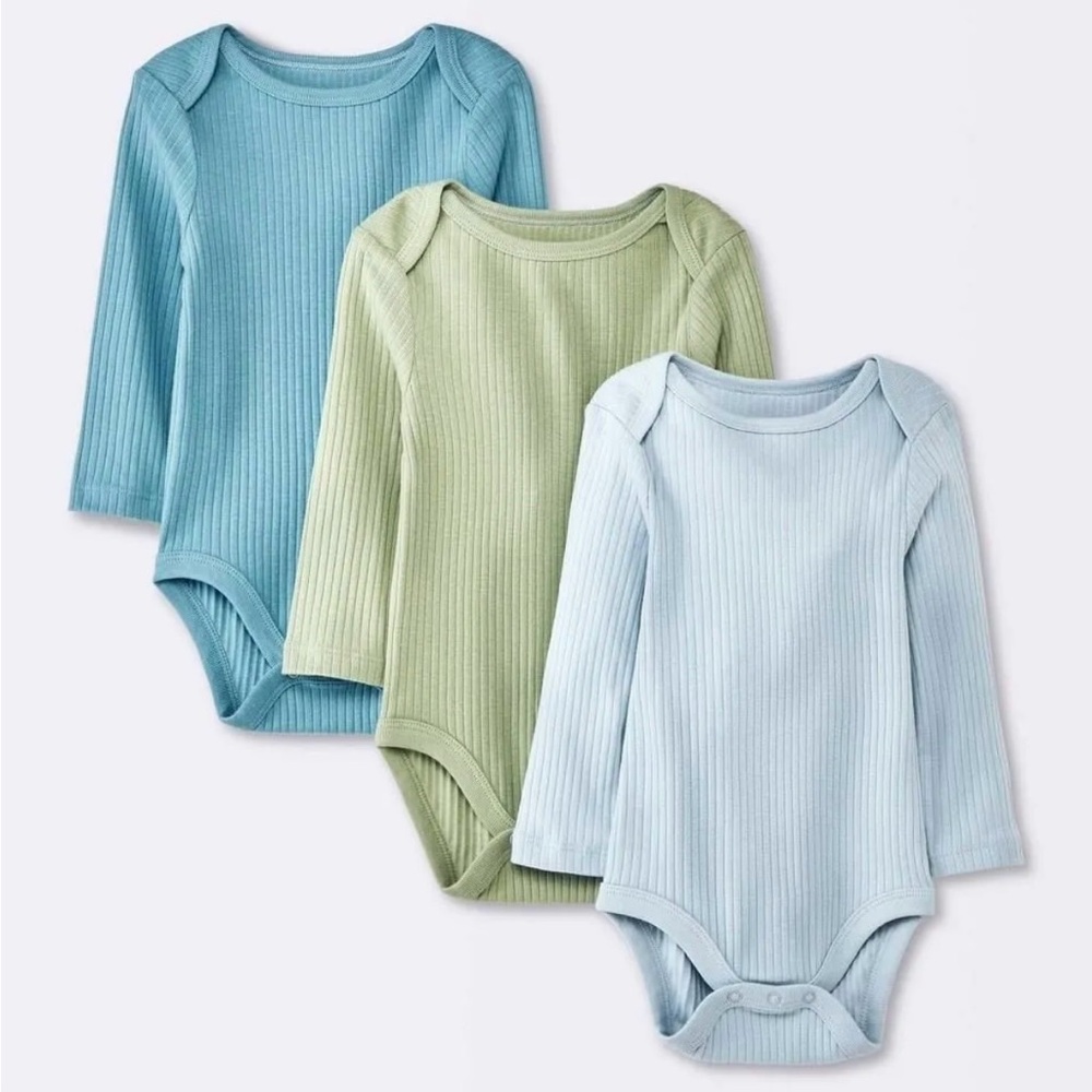 Cloud Island Ribbed Long Sleeve Bodysuit Set - Teal, Sage, Light Blue